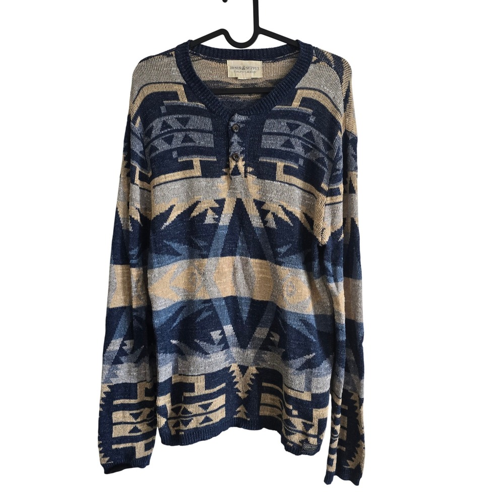 Denim & Supply Ralph Lauren Blue Southwestern Henley Cotton Sweater Womens M - Picture 5 of 7